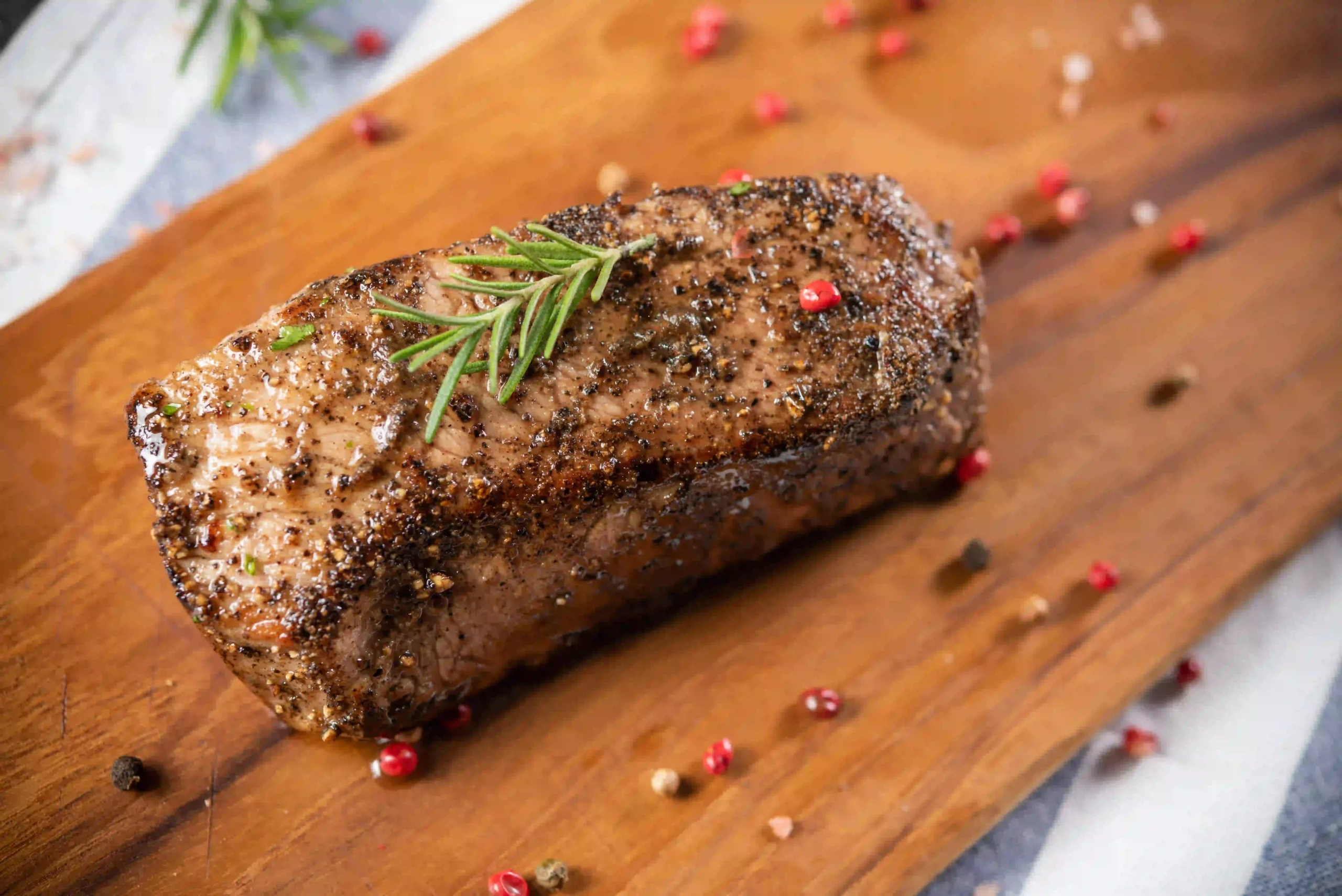 Une pièce de bœuf sur une planche à découper en bois avec de l'assaisonnement